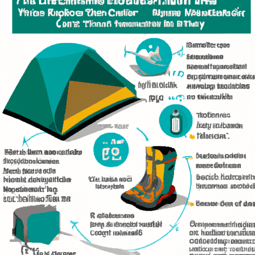 Ize a neatly packed camping backpack with weather-specific gears such as rain poncho, sun hat, snow boots, thermal blanket, and wind-resistant tent against a backdrop of changing weather pattern