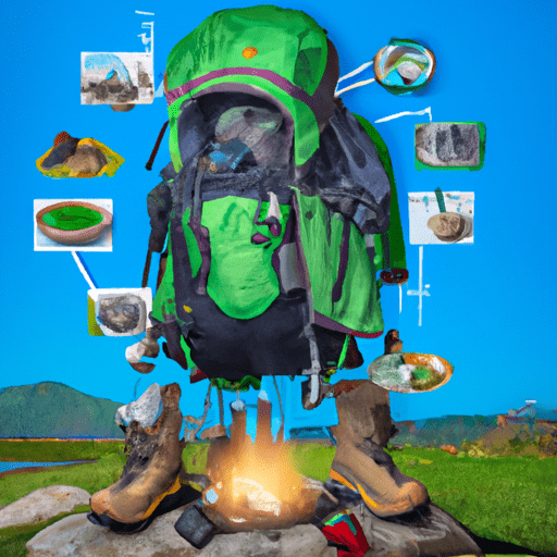  an image featuring a backpack bursting with essential camping gear: a tent, camping stove, sleeping bag, flashlight, hiking boots, first aid kit, and a water purification system