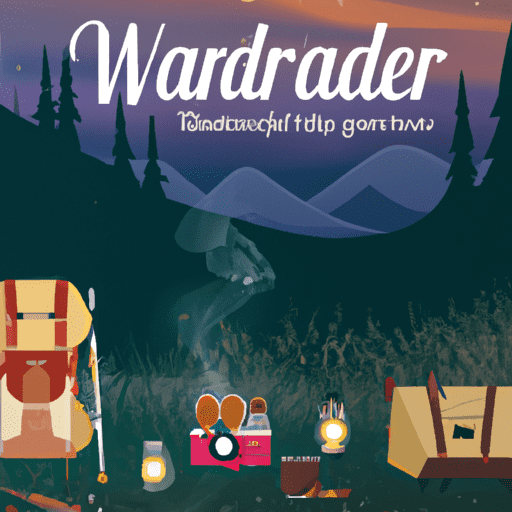 Y a variety of Wanderer camping products like tents, sleeping bags, camping stoves and lanterns, neatly laid out in a serene forest setting at dusk, with a campfire glowing
