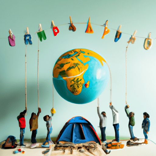Ge featuring a diverse group of people holding camping gear, standing around a globe with tiny tents pinned on various locations, portraying global wanderer camping ownership