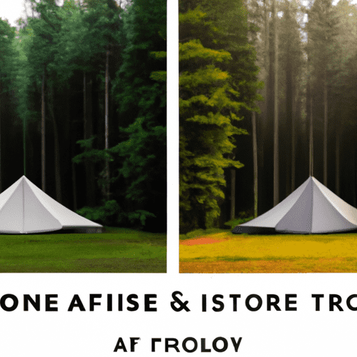  split image: on one side, a pristine, untouched forest with a solitary tent; on the other, a corporate office with a company logo resembling the tent