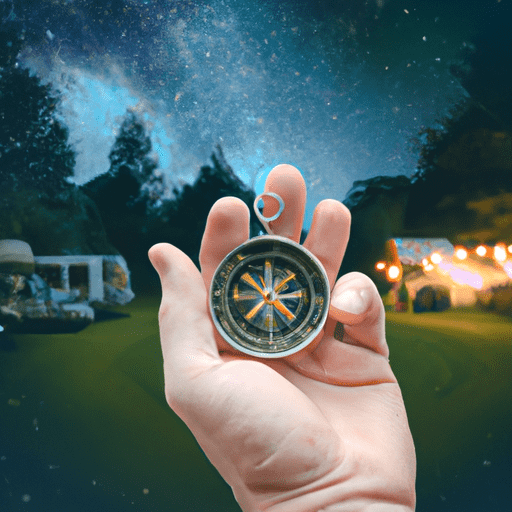 E of a hand holding a vintage compass, with a campsite surrounded by lush greenery, a roving RV, and a clear starry night sky in the background